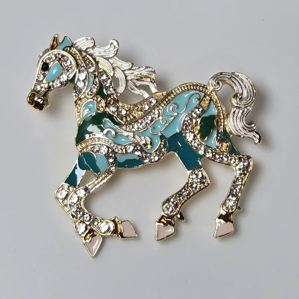 Teal Rhinestone Galloping Horse Brooch Western Equestrian Pin Whimsy Equine Gift